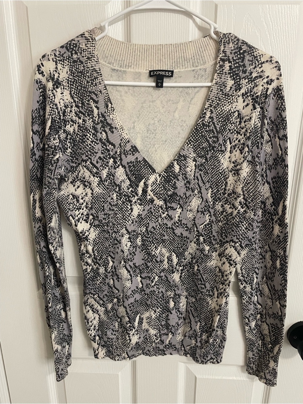 Express V-Neck Long Sleeve Snake Print Top - Gray & White
